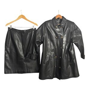 Vintage Casa Lopez Black Faux Leather Double Breasted Trench Coat with Skirt